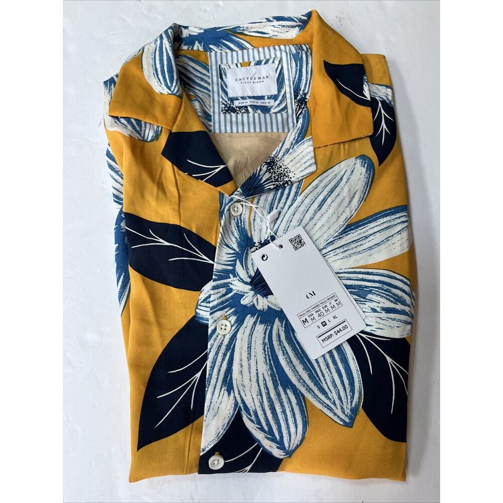 Men’s Cactus Man By Ricky Singh Yellow Floral Dress Shirt Med 100% Viscose NEW‎
